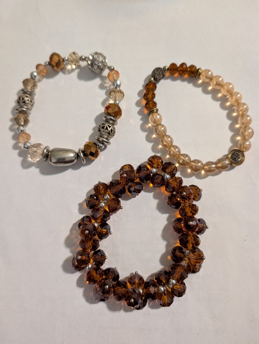 Set of 3 Amber & Bronze Crystal Beaded Stretch Bracelets